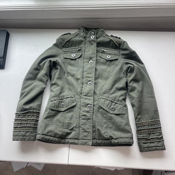 BB Dakota Sz M Military Style Jacket Green Quilted Boho Bella Mock Neck FLAW - Picture 8 of 12
